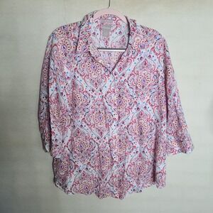 Chico's Paisley Linen Blend No Iron 3/4 Sleeve Button Down Shirt Top Size 2